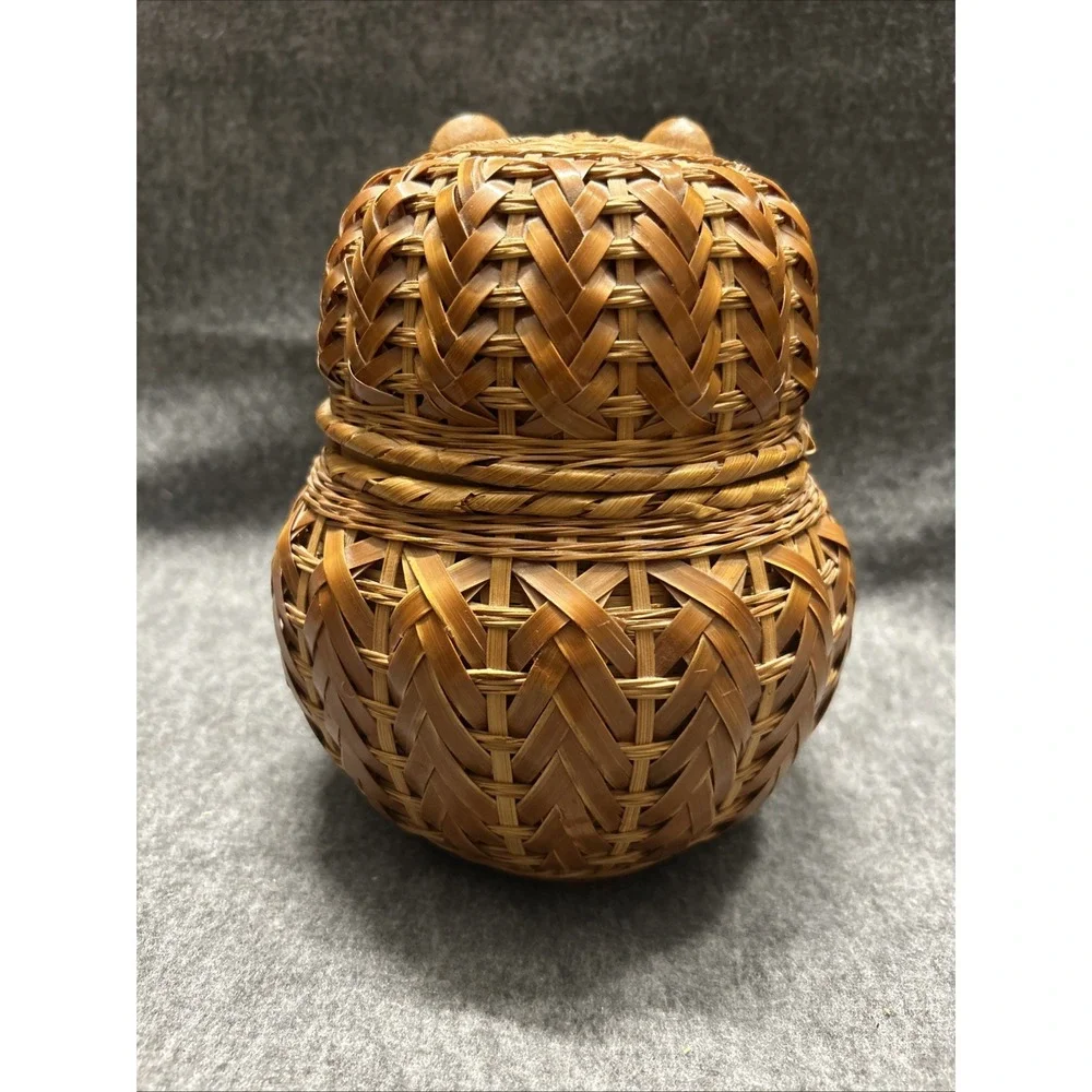 Vintage Mid Century Woven Wood Wicker OWL Lidded‎ Basket Storage Trinket Box 8